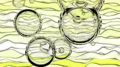 抽象背景有玻璃气泡和黄色，白色和石灰<strong>扭动</strong>丝带。